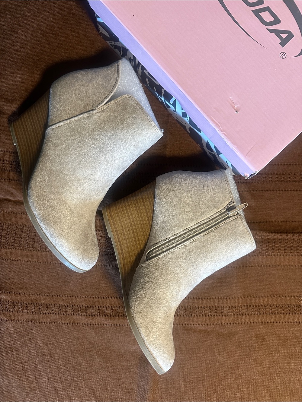 Soda Beige Ankle Booties with Stacked Wood-Look Heel